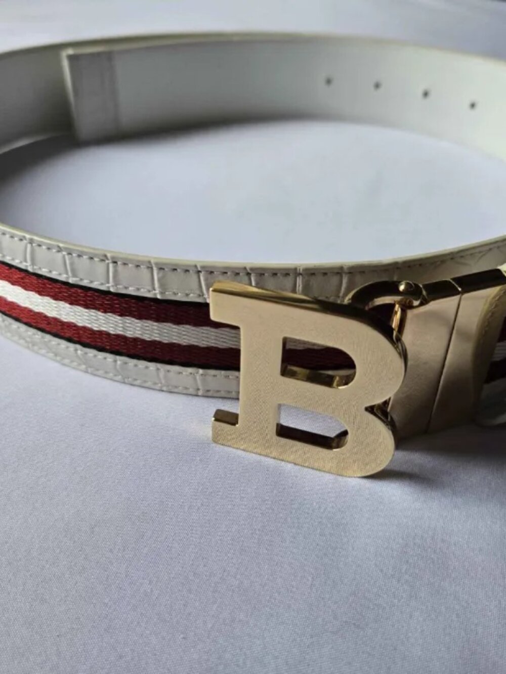 Bally White Crocodile Embossed Belt Gold B Buckle